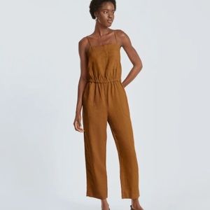 Everlane Tawny Brown Shoe String 100% Linen Side Pocket Elastic Jumpsuit NWT S